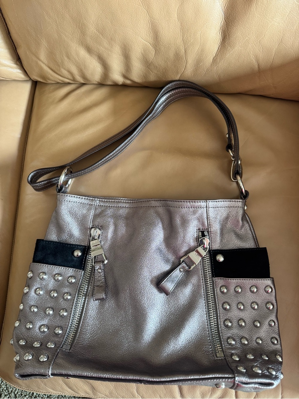 B. Makowsky Metallic Silver Studded Shoulder Bag